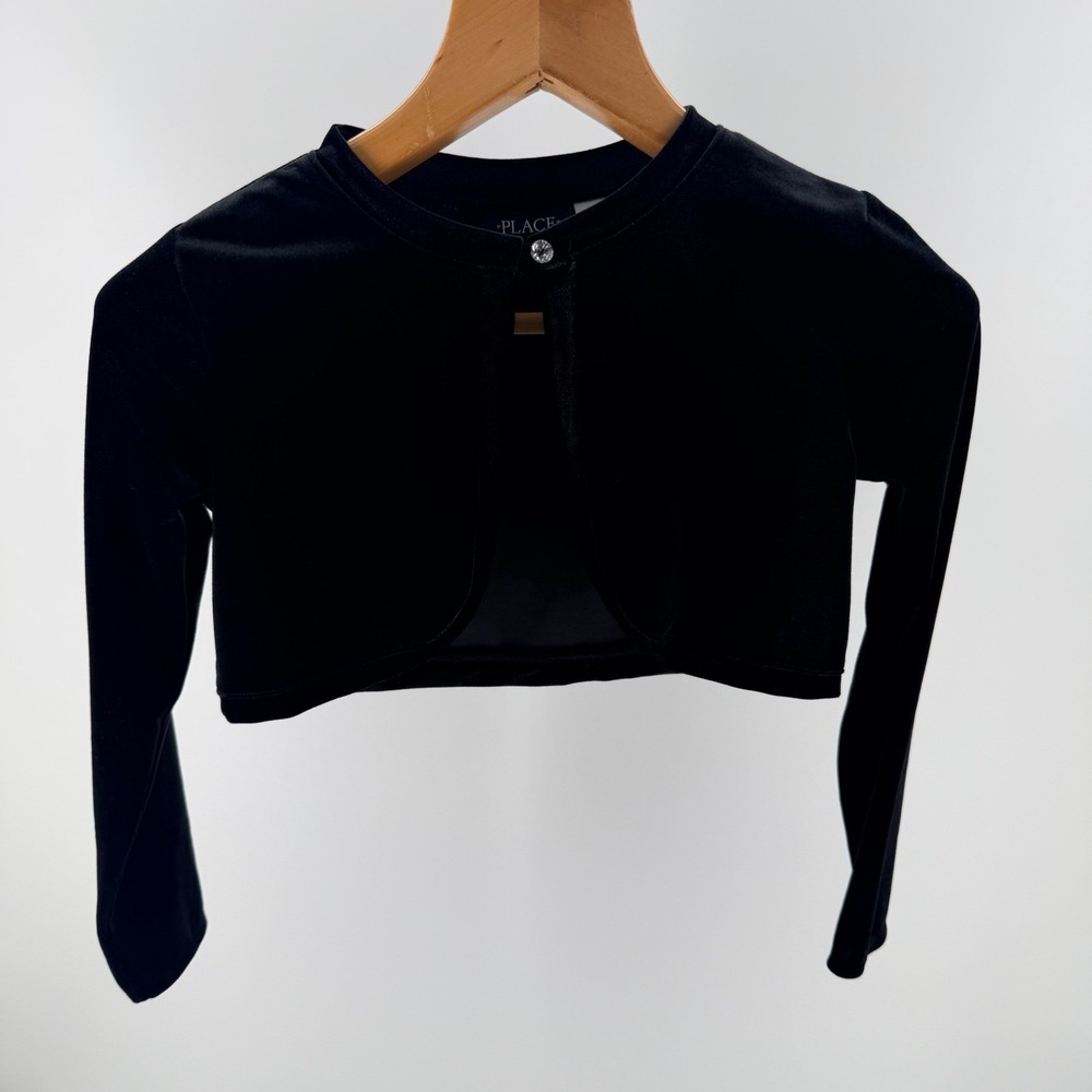 The Childrens Place Girls Black Velvet Bolero Rhinestone Button- Size 10/12